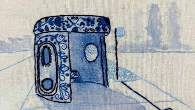 BLue embroidery bus stop