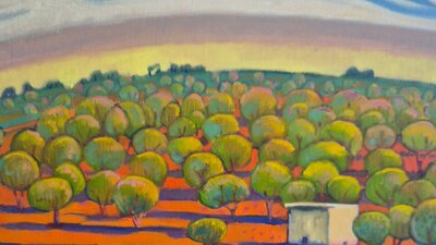 Marla after sunrise oil (detail) Landscape with red dirt, trees, a little hut and a blue and yellow sky