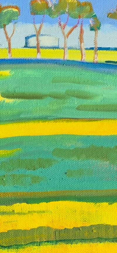 Val Johnson Field of yellow daisies (detail) Yellow and green field with a blue sky.