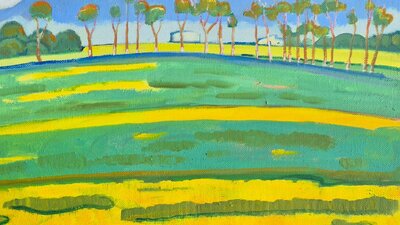 Val Johnson Field of yellow daisies (detail) Yellow and green field with a blue sky.