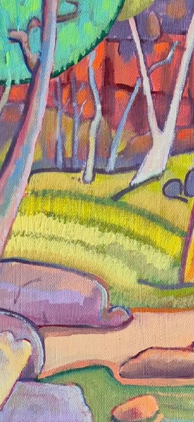 Val Johnson The pool at Simpsons Gap (detail) Twisty trees and hills with bright colours green, yellow, purple and red