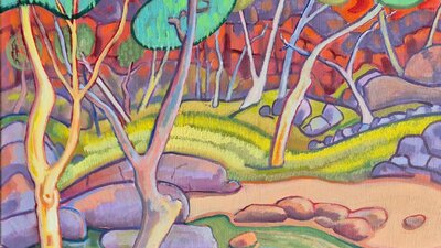 Val Johnson The pool at Simpsons Gap (detail) Twisty trees and hills with bright colours green, yellow, purple and red