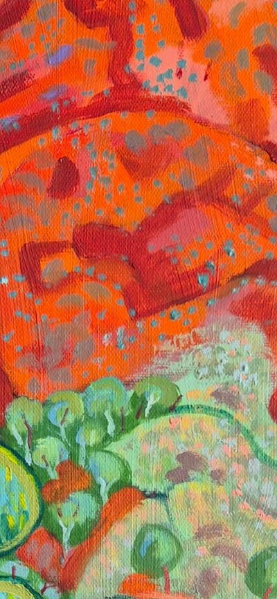 Val JohnsonTrack into Simpsons Gap (detail) a bright orange hill with a blue sky and a green tree in the forground