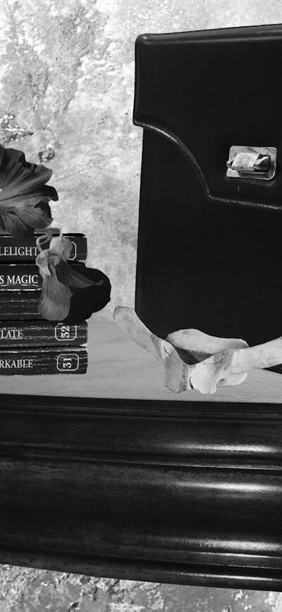 Untitled 1 (Still Life of a Ramindjeri Elder) by Hayley Millar-Baker black and white image, satchel, books and flower sitting on table