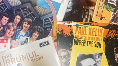 a collage of vinyl album covers