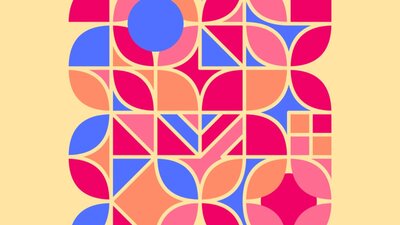Abstract geometric pattern with bold shapes in pink, blue, and orange on a soft yellow background