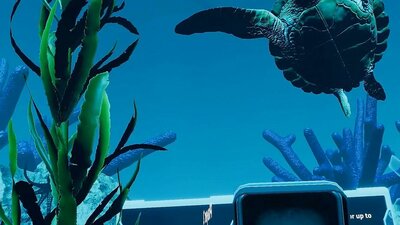 A scene from Reef Rangers VR experience showing a close-up of a turtle
