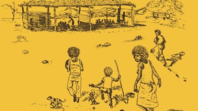 Yellow and black illustrations of families in the remote Aboriginal community of Papunya