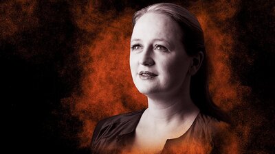 A woman is featured on a black and red background.