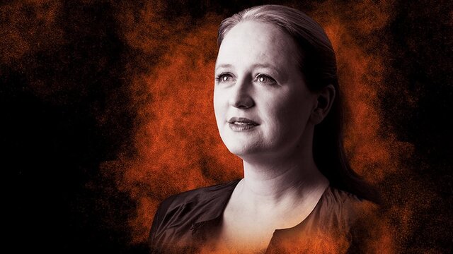 A woman is featured on a black and red background.