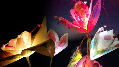Colourful handmade paper flowers of assorted shapes glow against a dark background aga