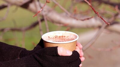 A pair of gloved hands clasp a disposable mug of hot chocolate