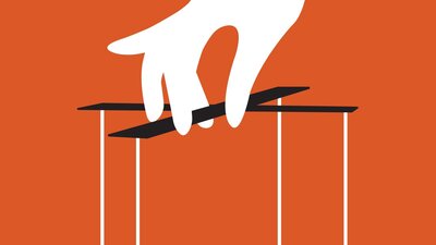 Illustration of a hand holding puppet strings