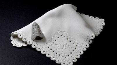 Image | Sue Peachey, Elizabeth's handkerchief With moth, 2023 | Photography by Tim Brook Image | Sue Peachey, Elizabeth's handkerchief With moth, 2023 | Photography by Tim Brook