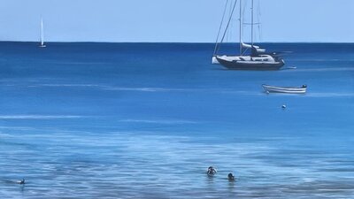 A realistic seascape acrylic painting depicting people swimming and boats.