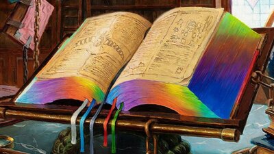 An illustrations of an open book with rainbow pages