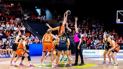 Tip off between the UC Capitals and the Townsville Fire during round 13 of the 2023 season..........