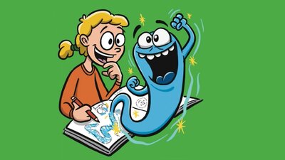 A cartoon of a child drawing a blue creature that is coming to life off the page