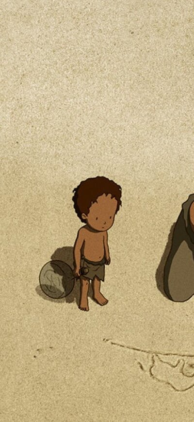 The Red Turtle / La Tortue rouge (2016) Two adults with a child between them drawing in the sand