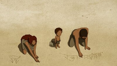 The Red Turtle / La Tortue rouge (2016) Two adults with a child between them drawing in the sand