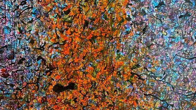 An abstract work of built up lines and colour on paper.