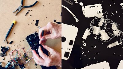 An image of hands pulling apart a camera and a black and white photogram