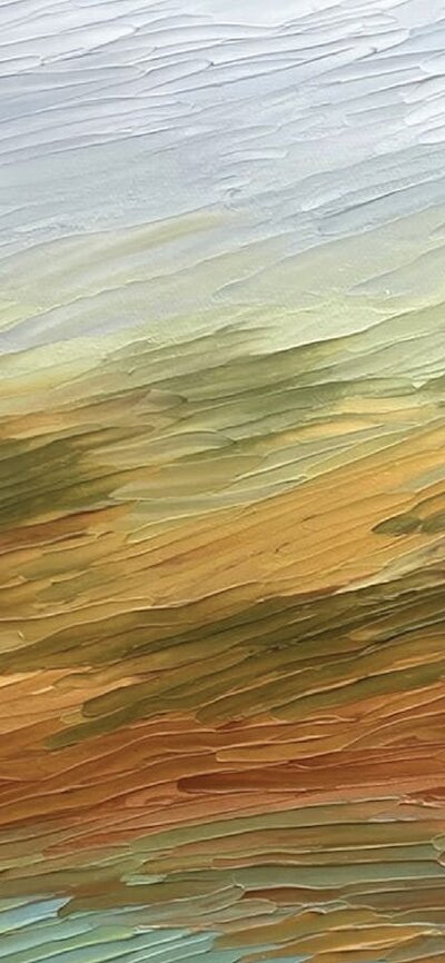 Abstract landscape painting in shades of browns, blues and greens