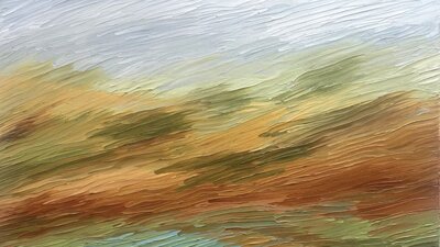 Abstract landscape painting in shades of browns, blues and greens